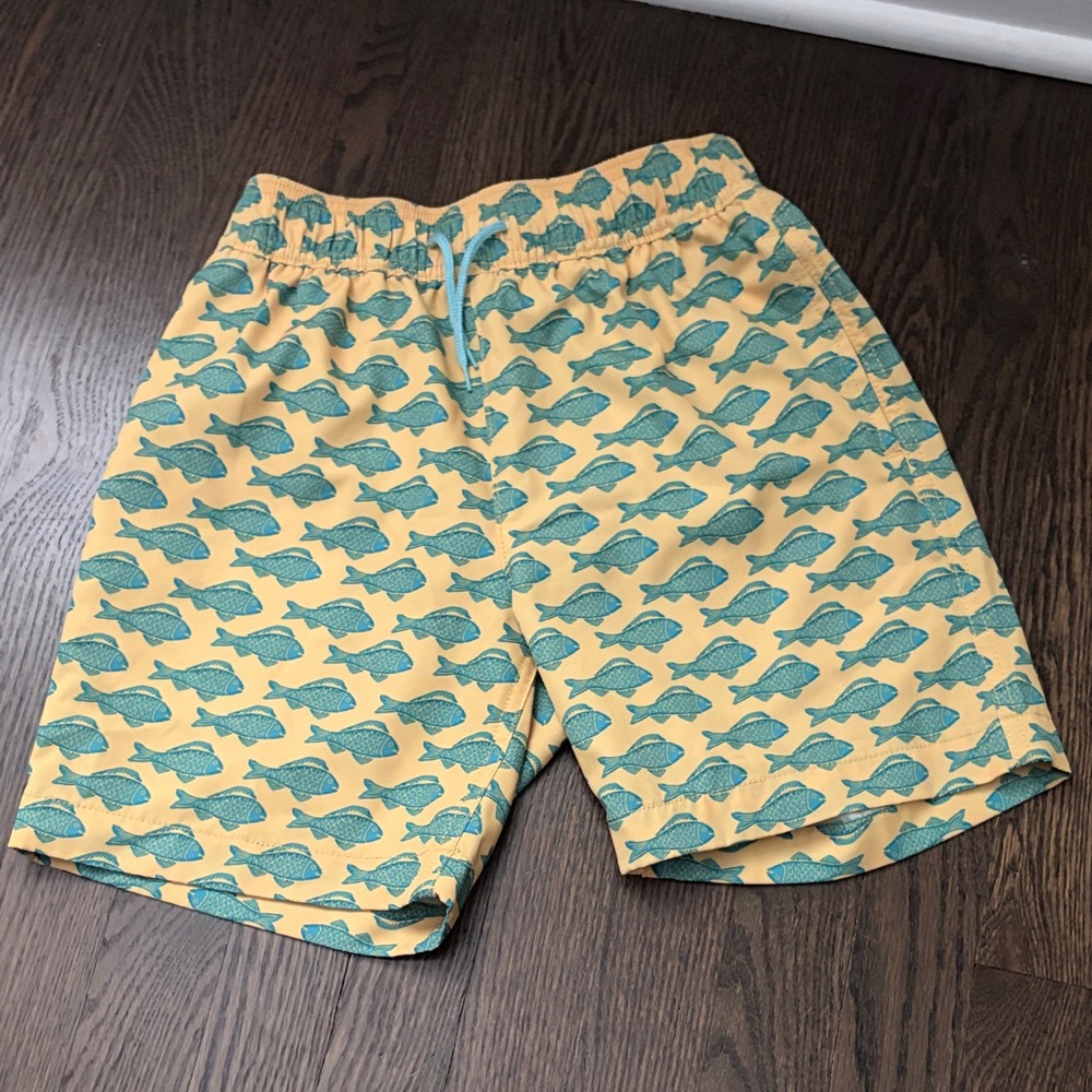 Crewcuts Yellow Swim Shorts with Teal Fish Print